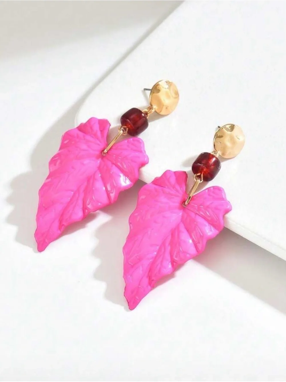Handcrafted Leaf Pendant Necklace and Earrings Set - Pink, Green, Brown
